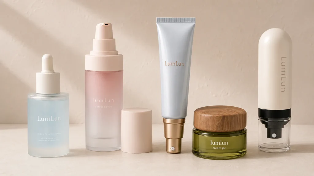 LumLun skincare packaging line with an airless bottle, cosmetic tube, cream jar, and cylindrical bottle in coordinated premium finishes