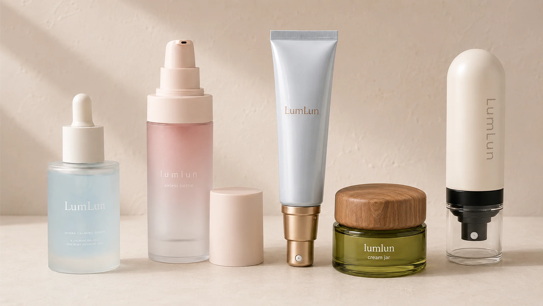Lumlun skincare packaging line showing frosted serum bottle, airless bottle, glossy tube, cream jar, and pump bottle finishes
