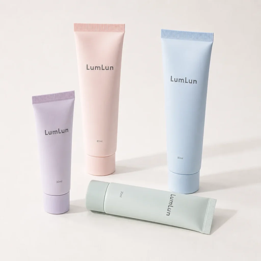 Four pastel Lumlun cosmetic tubes in 30ml and 80ml sizes arranged in mixed standing and lying composition on soft studio background