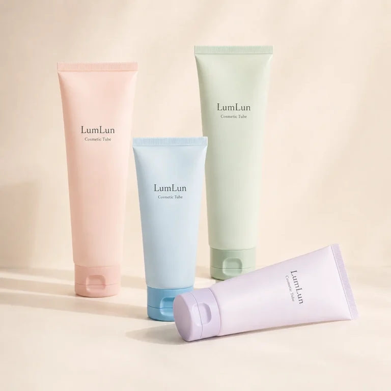 Four pastel cosmetic tubes with flip caps arranged in balanced studio composition with soft shadows