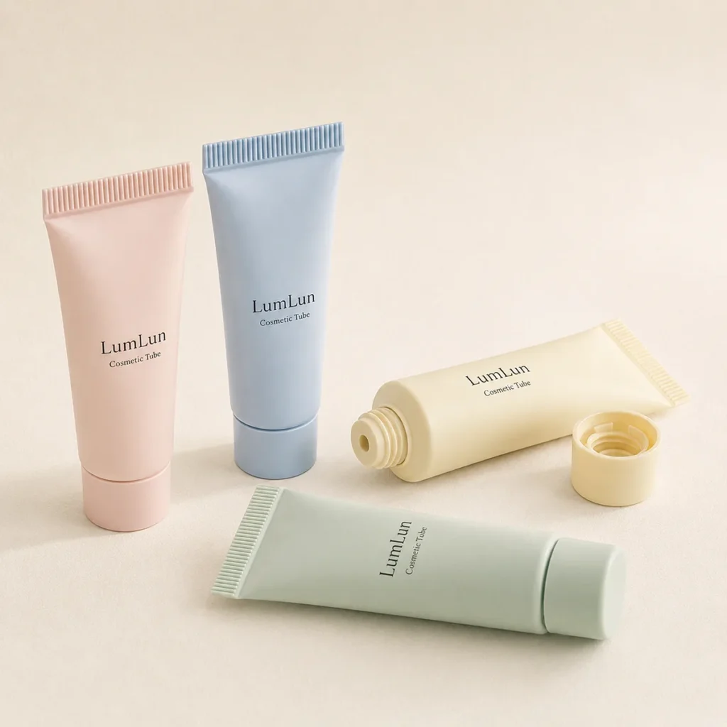 Four pastel cosmetic tubes arranged in a clean studio layout showing multiple color variants