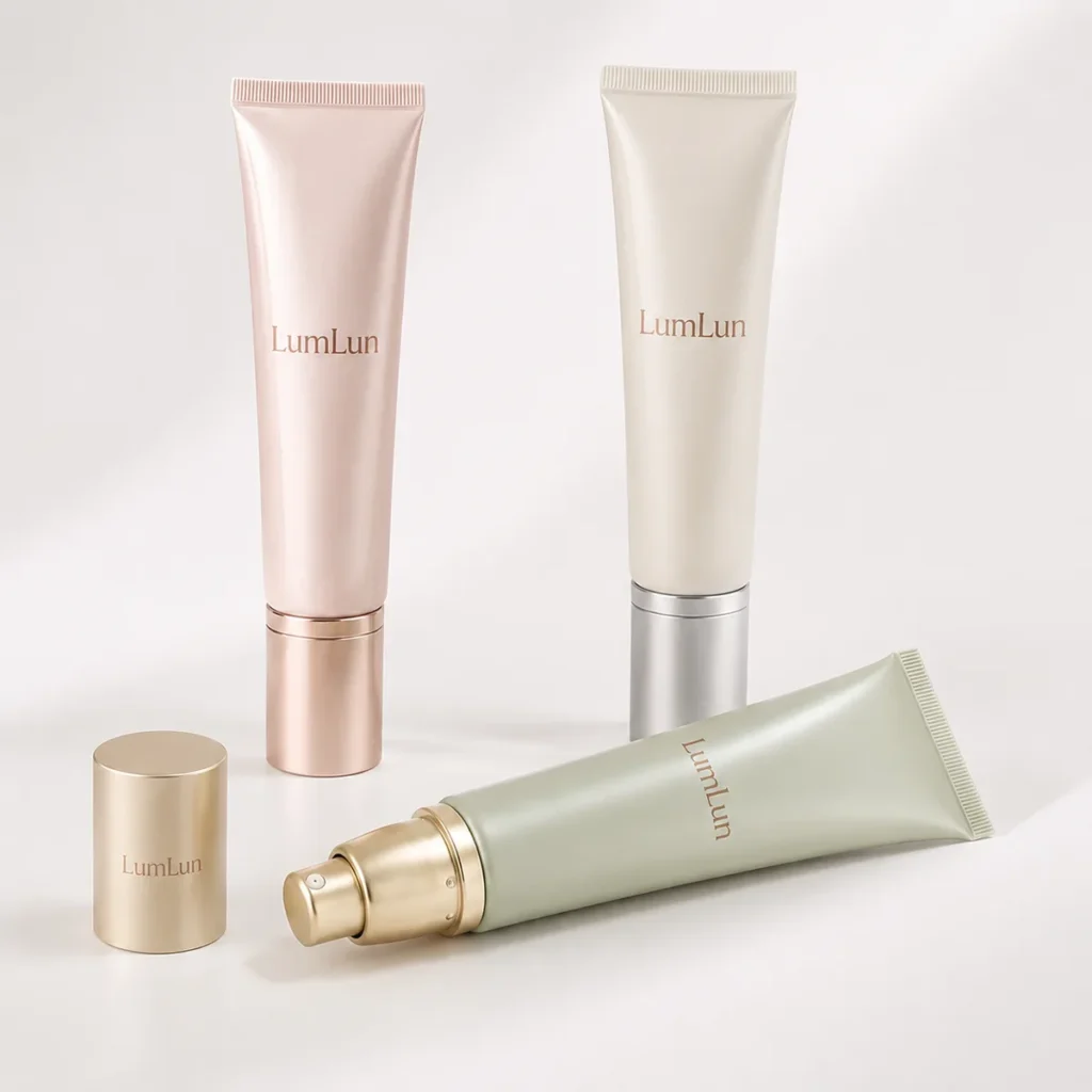 Three LumLun cosmetic tubes with rotary caps in pastel tones arranged in a clean minimal studio composition.