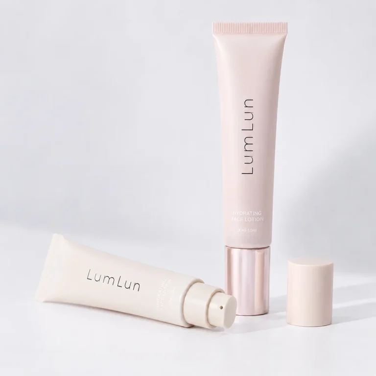 Two pastel cosmetic tubes in green and blue tones arranged with one standing and one lying