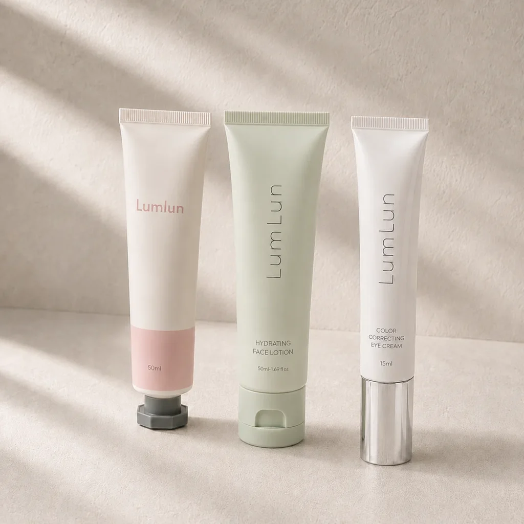LumLun cosmetic tubes with different caps, nozzles and applicators