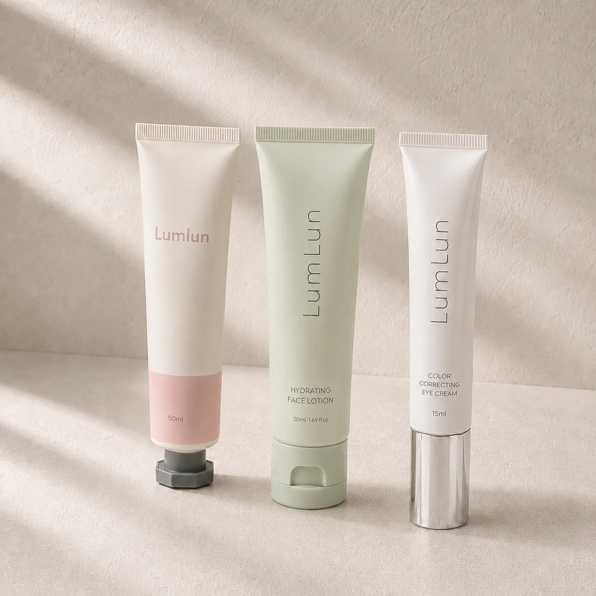 LumLun cosmetic tubes with cap, nozzle, pump, and applicator options for skincare packaging