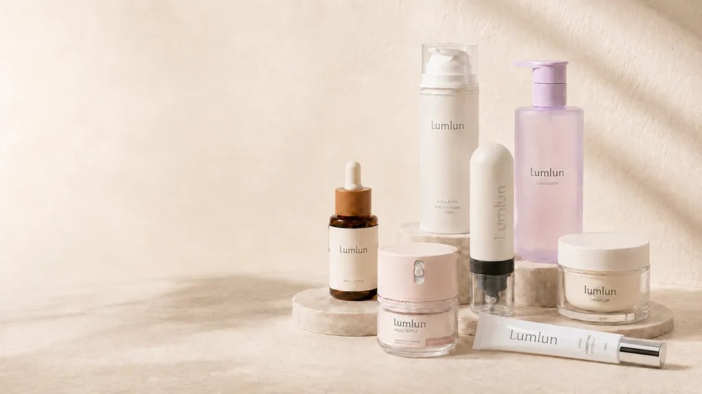 LumLun skincare packaging collection with bottles, jars, tubes, droppers and spray packaging