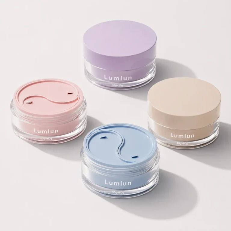 Dual chamber cream jars in pink, blue, beige, and purple color options