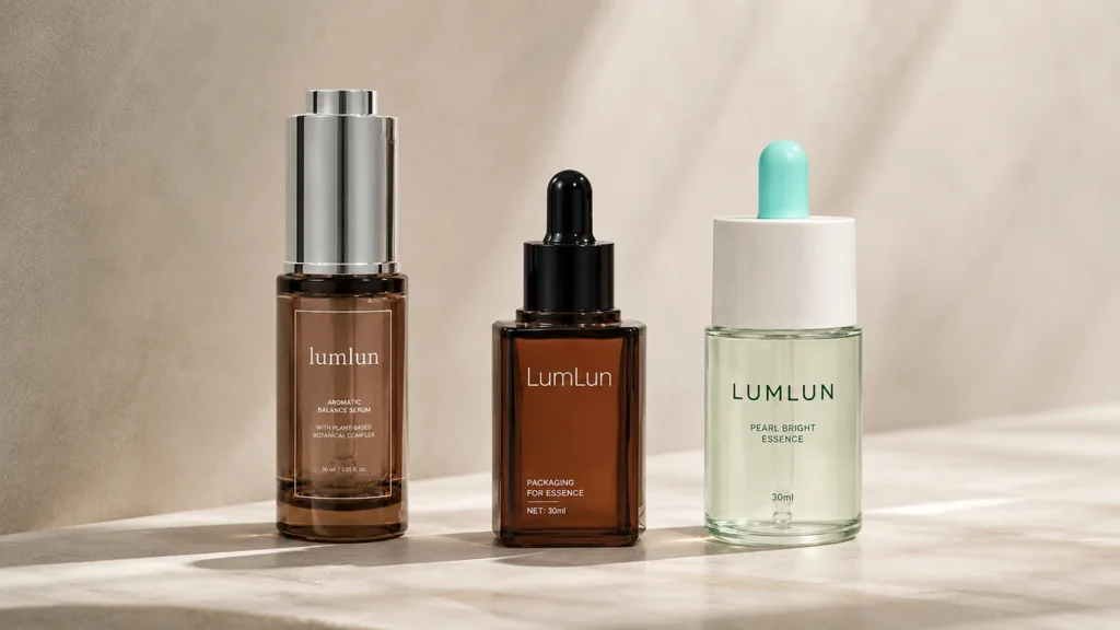 LumLun amber pump bottle, square dropper bottle, and green dropper bottle for oil packaging options