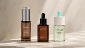LumLun amber pump bottle, square dropper bottle, and green dropper bottle for oil packaging options