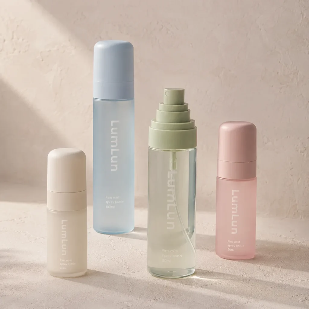 Four Lumlun fine mist spray bottles in blue, green, pink, and cream with mixed cap styles.