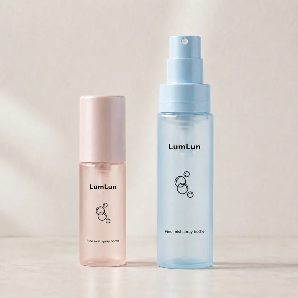 Two Lumlun fine mist spray bottles in pink and blue, showing capped and open pump styles.