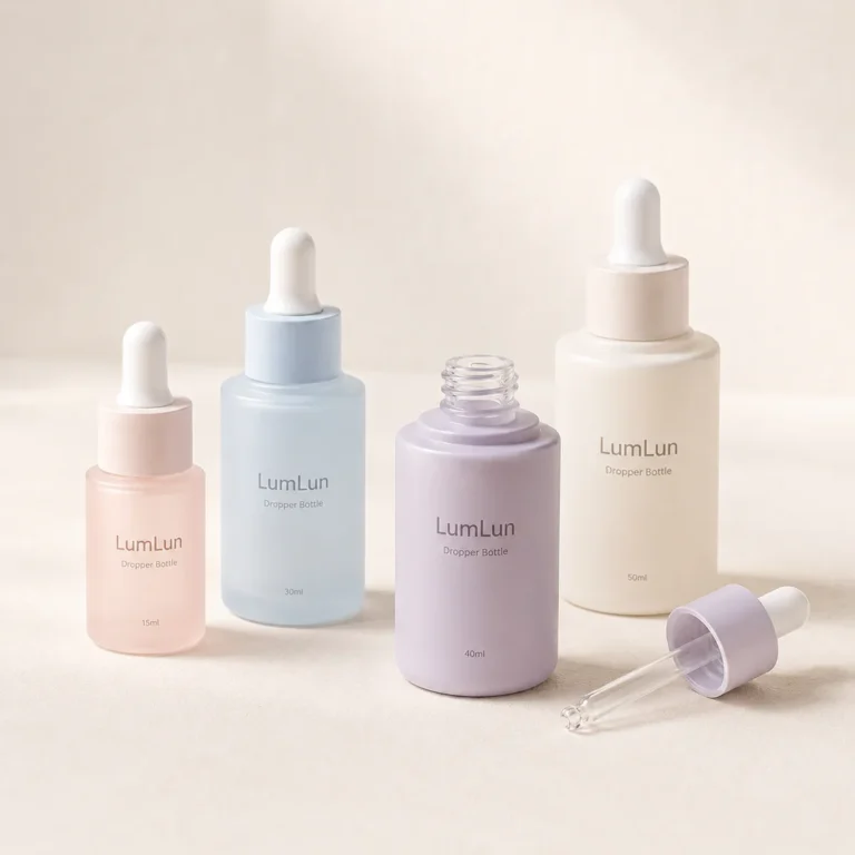 Lumlun flat shoulder PETG dropper bottles in 15ml, 30ml, 40ml, and 50ml with a separate dropper.