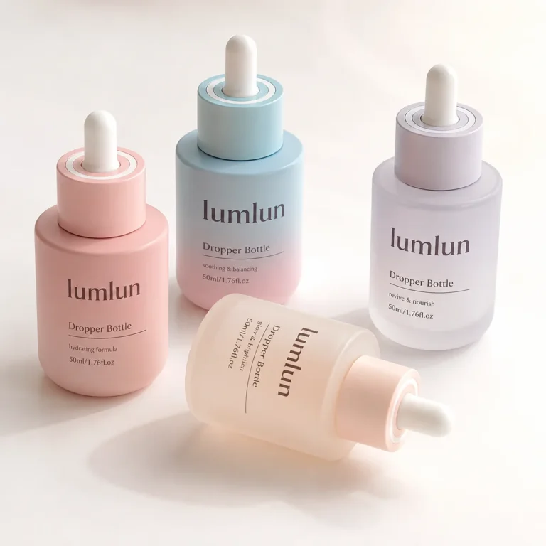 Four LumLun glass dropper bottles in pastel colors arranged in mixed upright and lying lifestyle composition on neutral background.