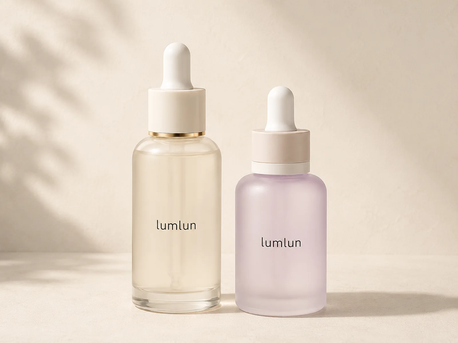 Two LumLun glass dropper bottles in clear champagne and soft lavender finishes for packaging direction review