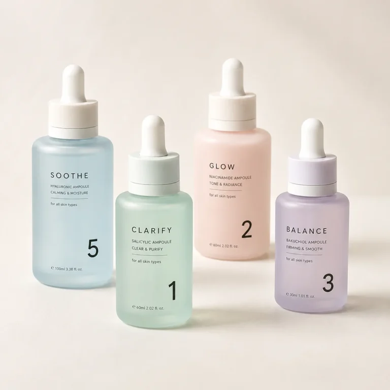 Pastel glass dropper bottle set showing Soothe, Clarify, Glow, and Balance labels with mixed capacities and soft studio lighting.