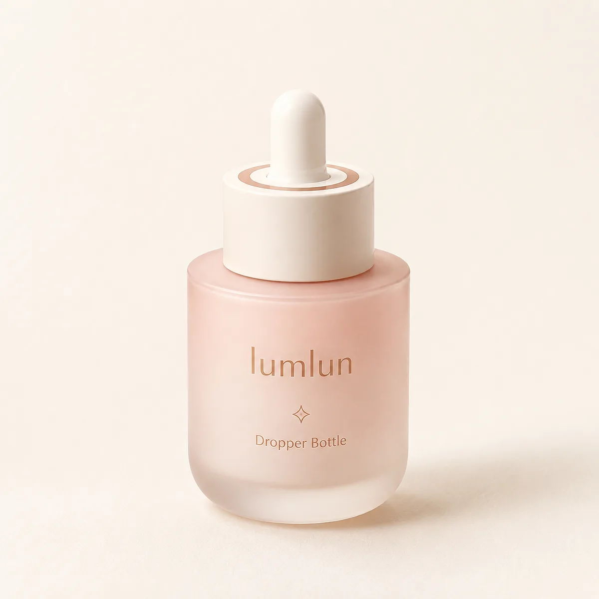 Single LumLun glass dropper bottle in soft peach color shown in close-up against a minimal warm beige background.