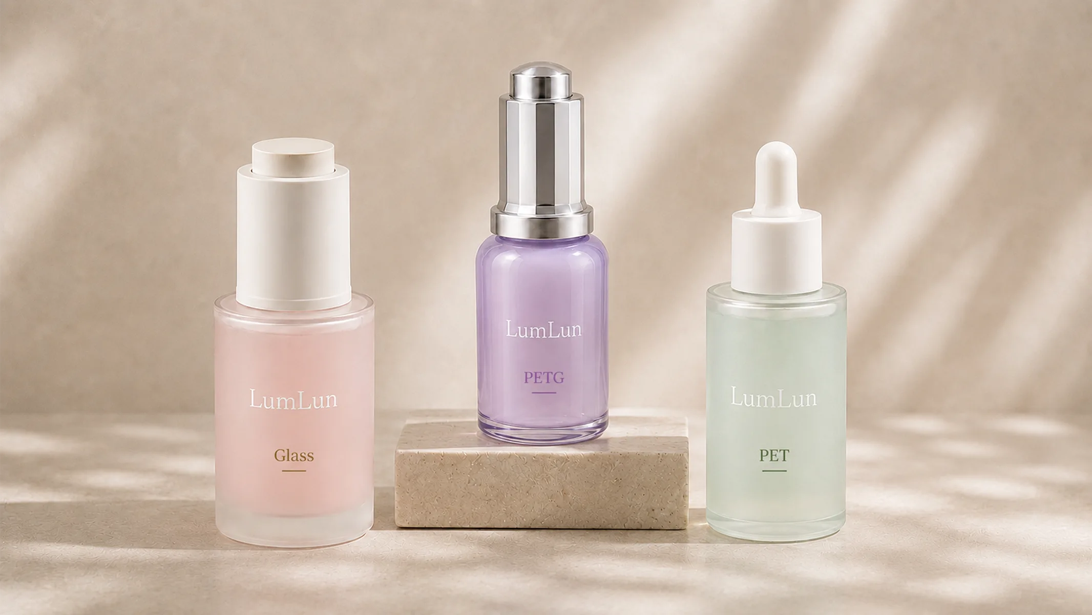 LumLun Glass PETG and PET dropper bottles showing material options for skincare oil packaging