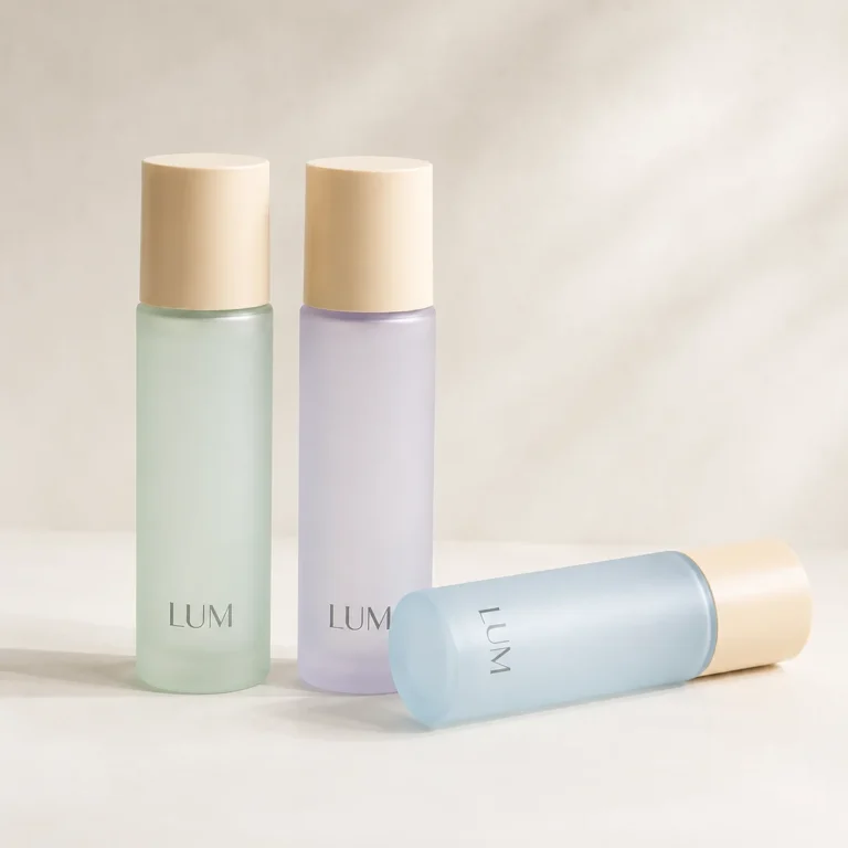 Three pastel glass toner bottles in soft studio lighting with minimal stone background and elegant composition