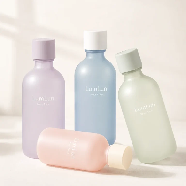 Four pastel toner bottles in soft studio lighting with Lumlun styling, one bottle lying in front on minimal background
