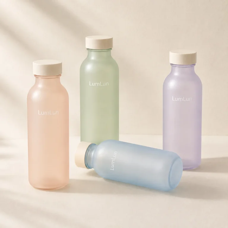 Four pastel glass toner bottles arranged in soft studio scene with one bottle lying horizontally in front