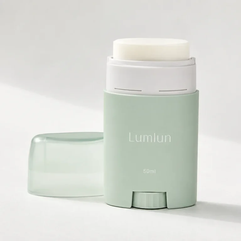 Green 50ml flat PP deodorant stick container shown open with a recessed bottom wheel and clear cap