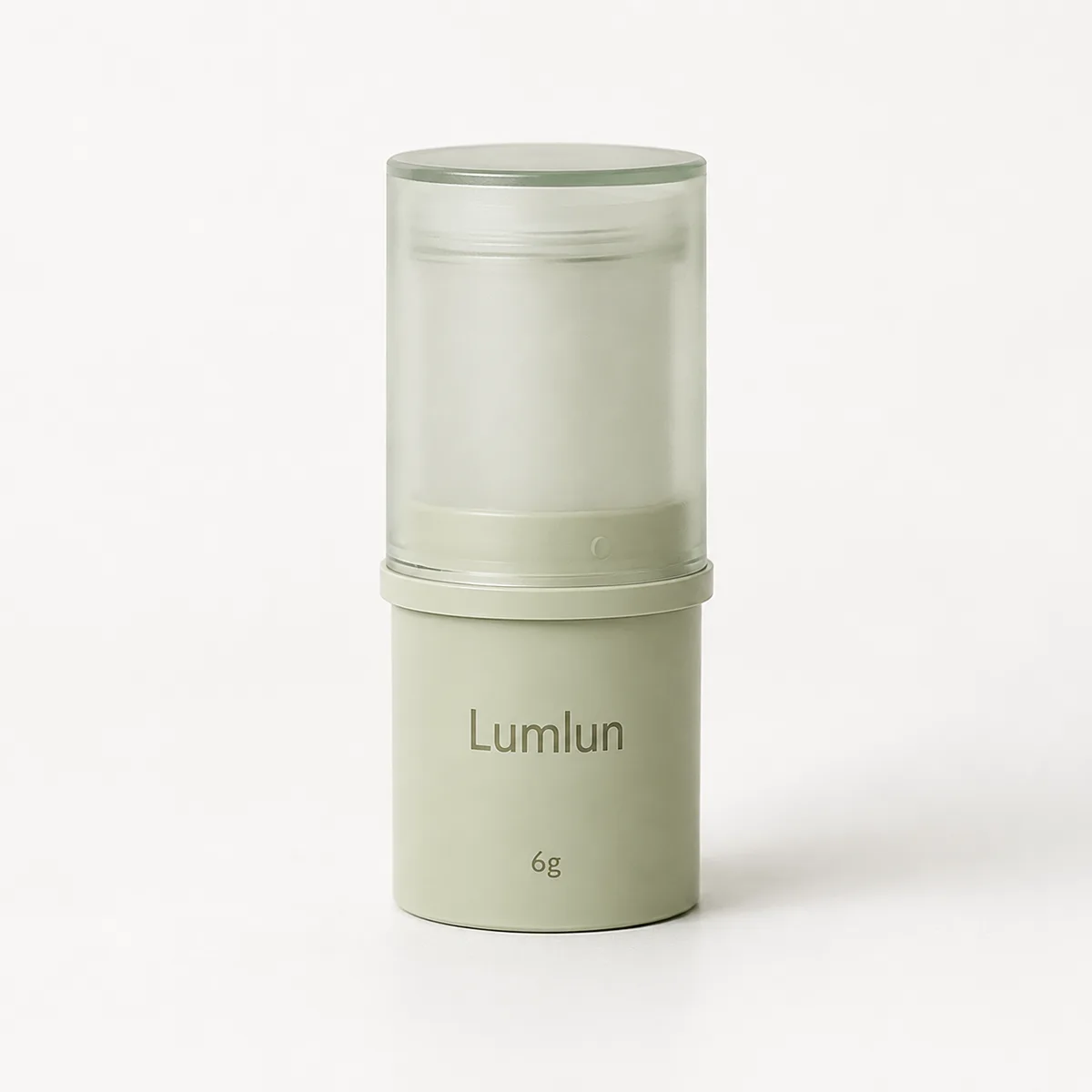 Single green 6g PP mini deodorant stick container shown closed with a clear overcap