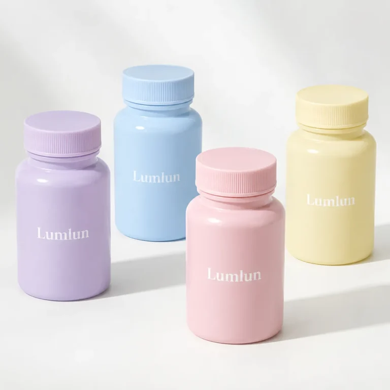 LumLun HDPE capsule and supplement bottles in purple, blue, pink, and yellow with ribbed screw caps
