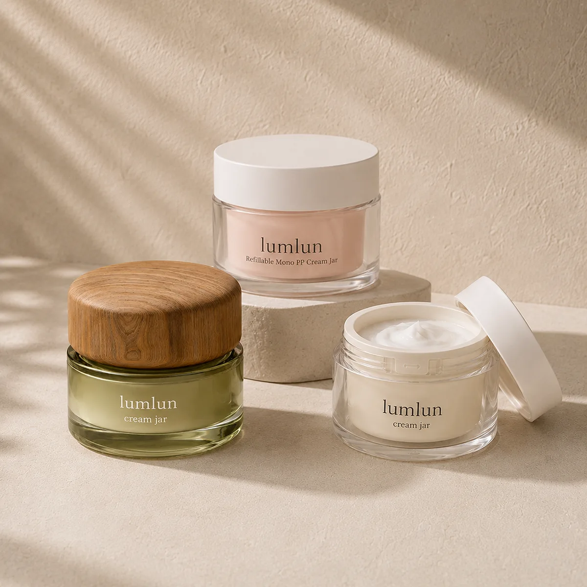 LumLun custom cosmetic cream jars with thick-wall, double-wall, and refillable packaging designs
