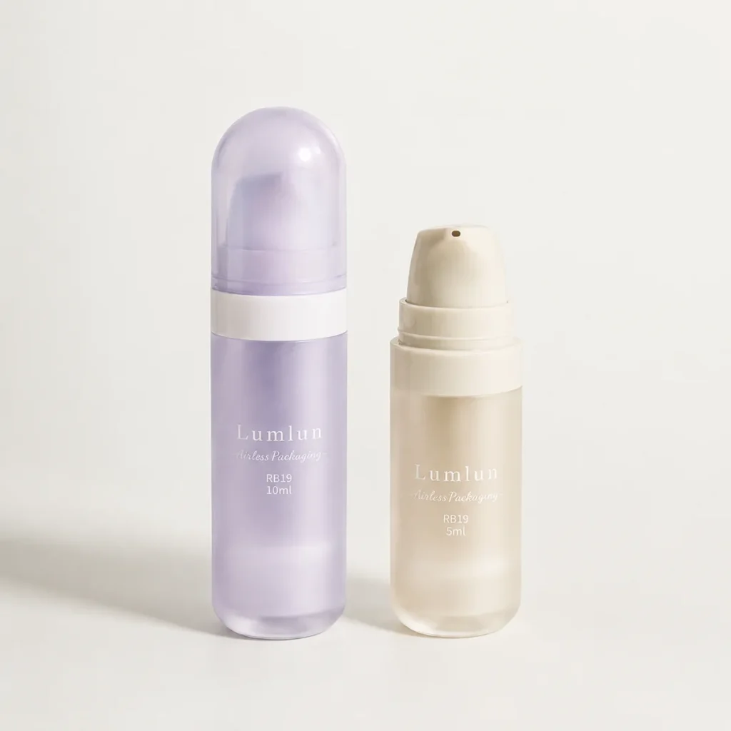 Mini PETG airless pump bottles in purple and beige color options