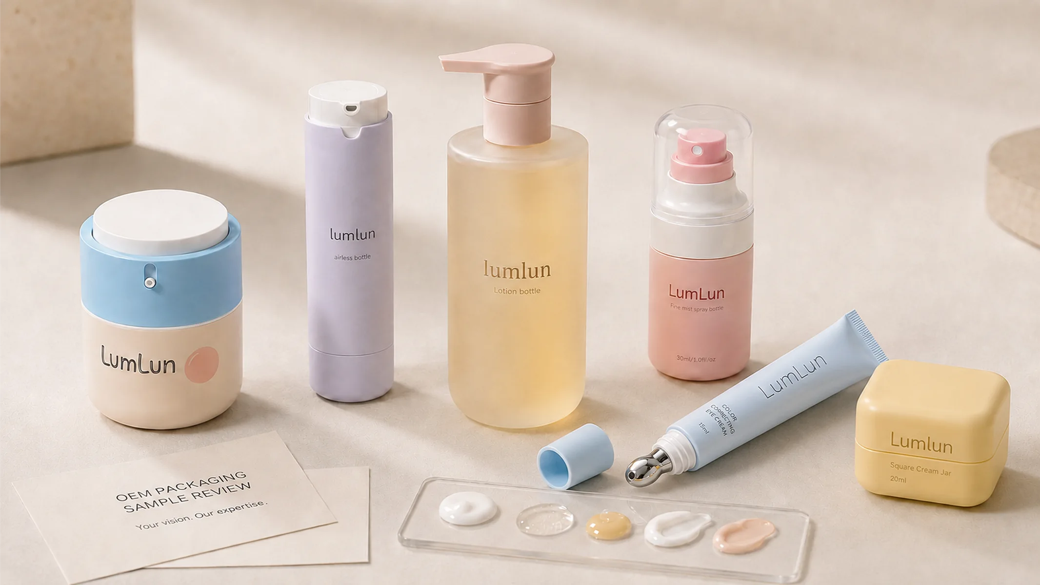 LumLun OEM skincare packaging sample review with airless bottle, lotion bottle, mist bottle, tube, and cream jars