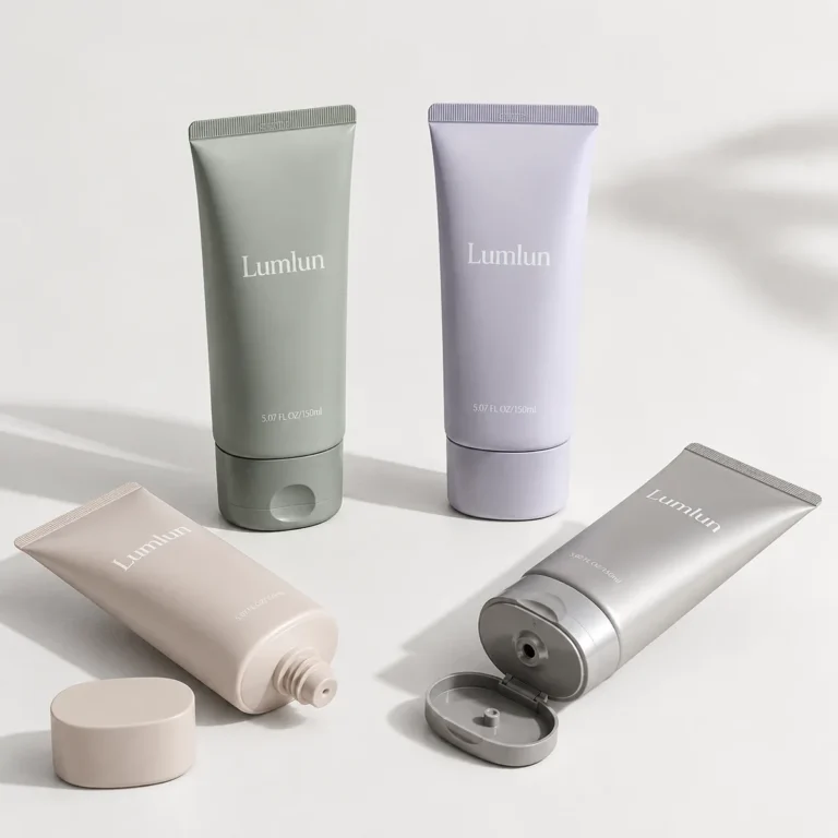Four Lumlun oval cosmetic tubes 150ml in soft pastel colors arranged upright and one tube opened showing nozzle detail.