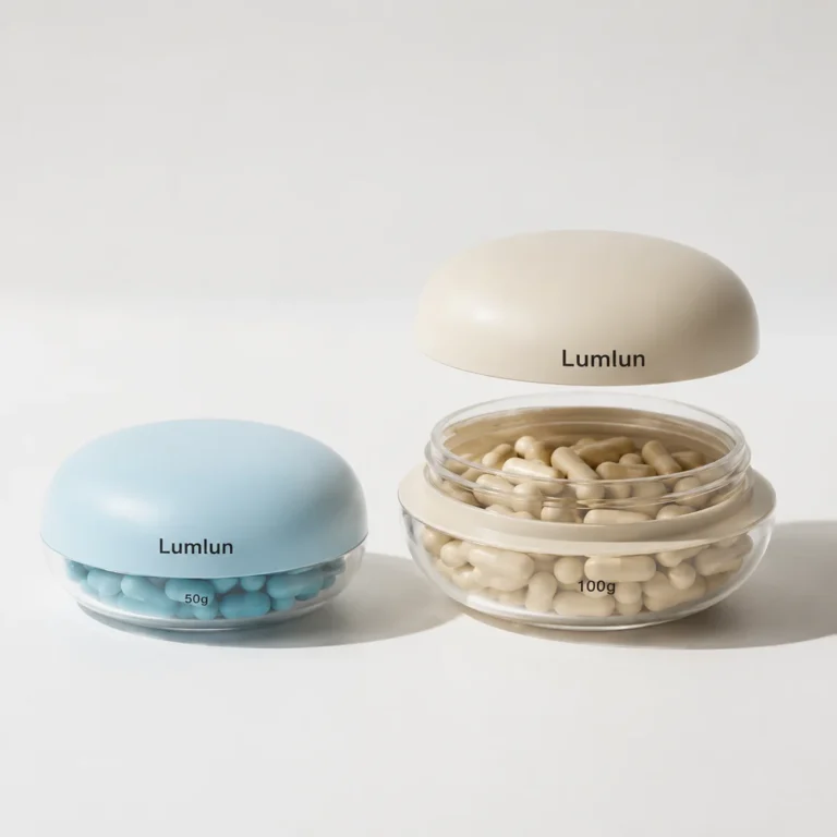 Two oval PET capsule bottles with rounded caps in blue and cream