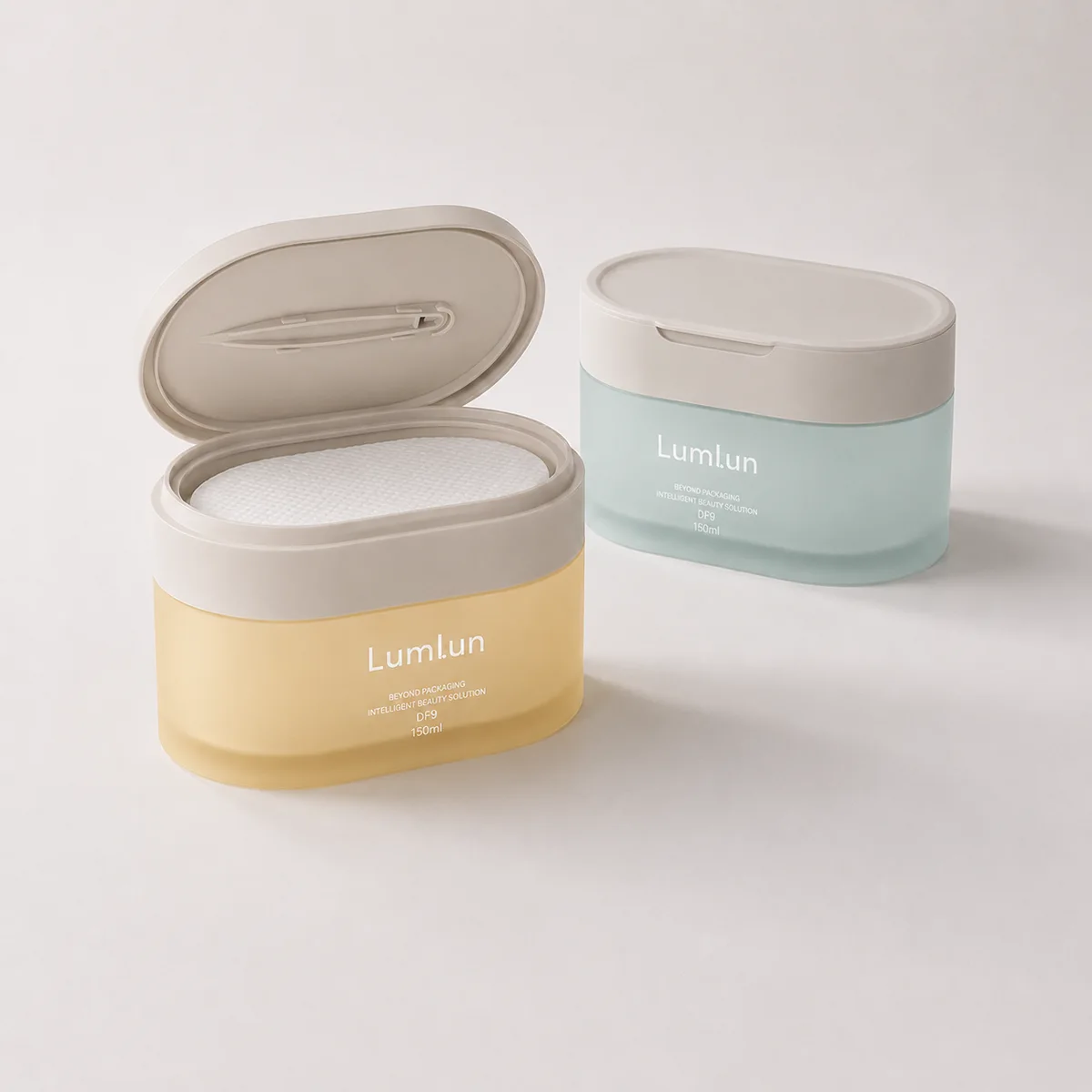 Two LumLun oval PP toner pad jars, one open with lid-mounted tweezers and visible toner pads