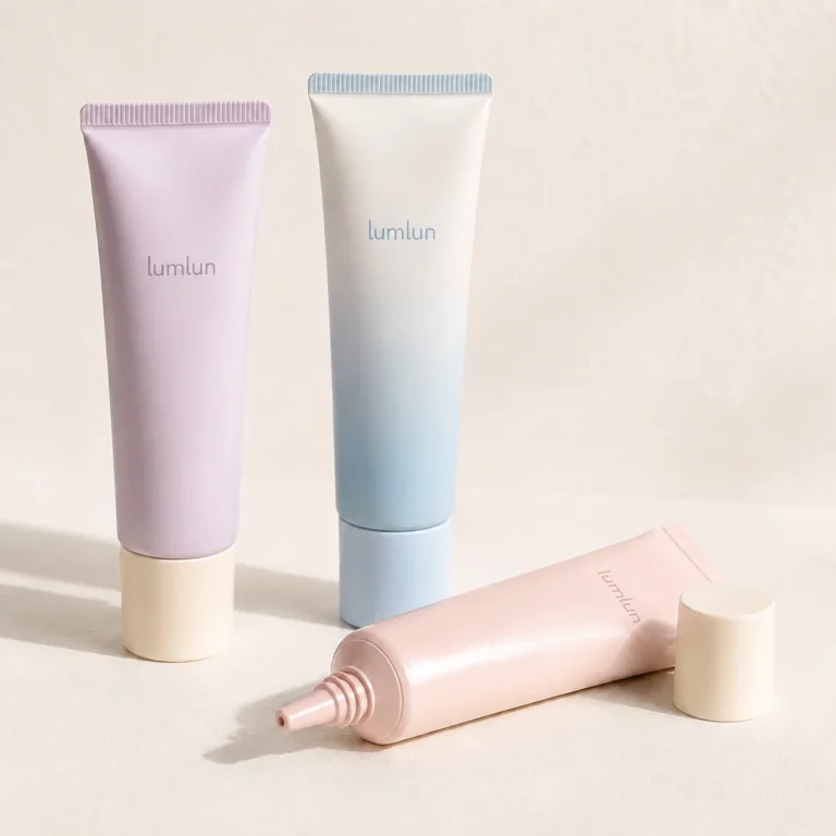 Three Lumlun PE eye cream nozzle tubes in pastel colors, with one pink tube open and lying down.