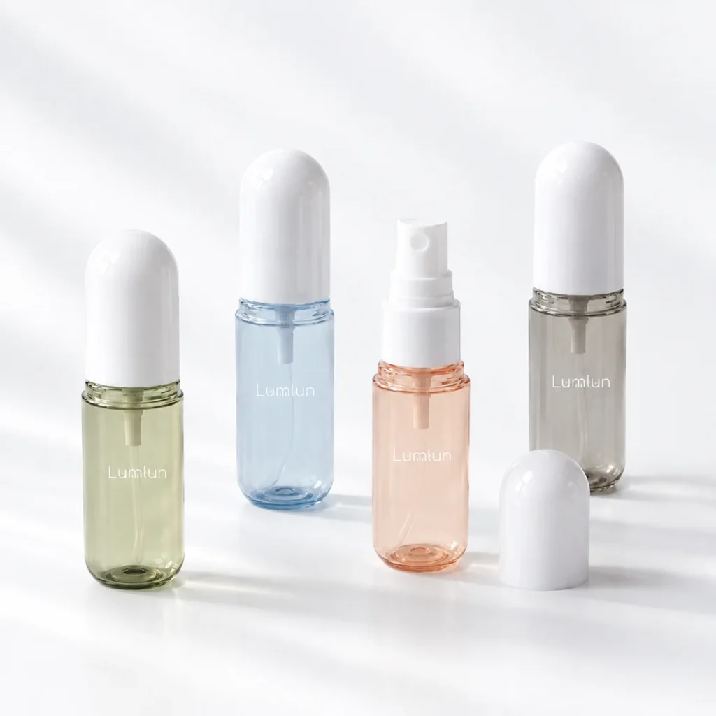 Four PET capsule fine mist spray bottles in sage, blue, peach and smoky grey, with one sprayer exposed