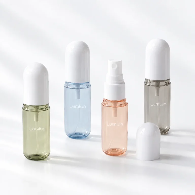 Four PET capsule fine mist spray bottles in sage, blue, peach and smoky grey, with one sprayer exposed