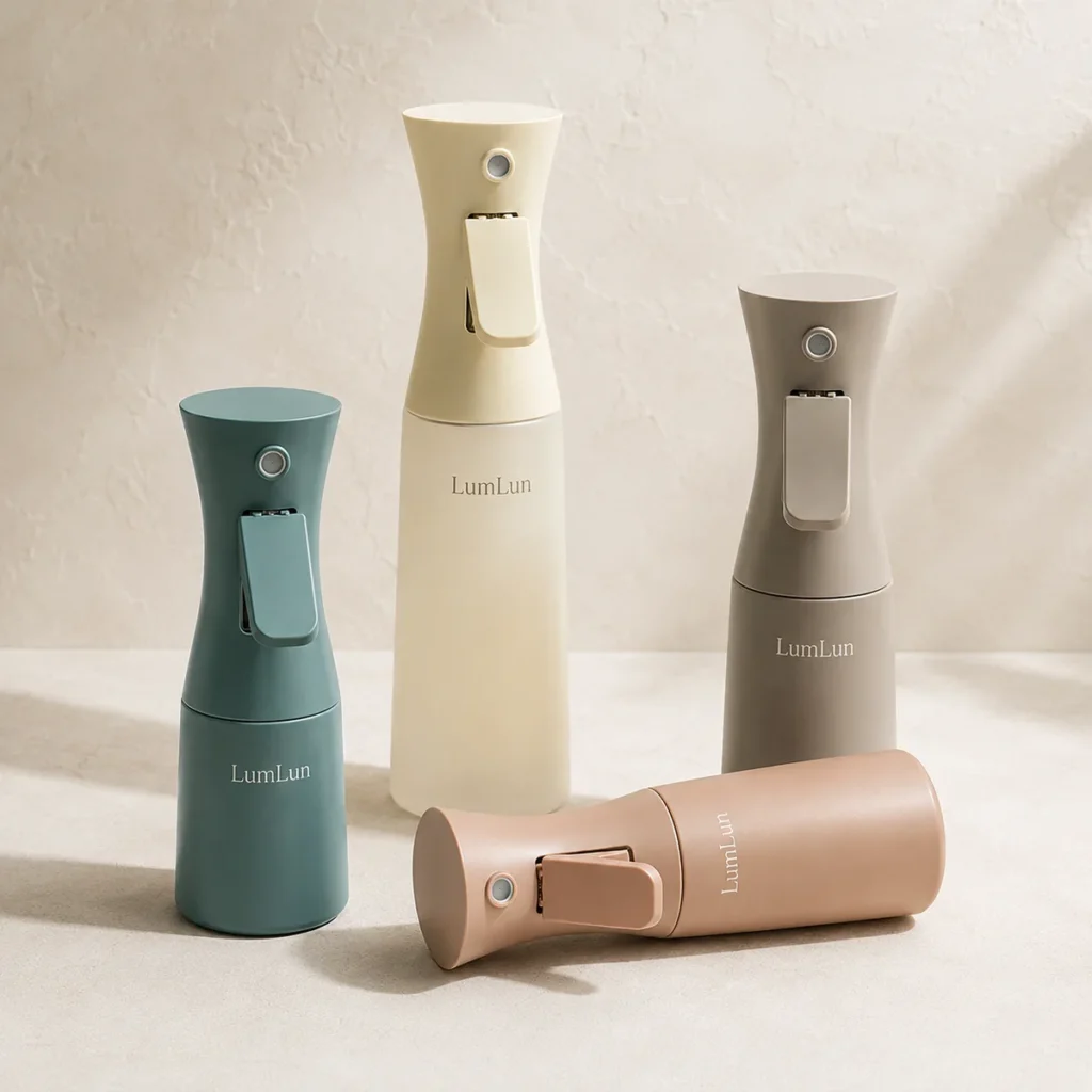 Lumlun PET continuous fine mist spray bottle set in teal, cream, taupe, and peach with one bottle laid down.