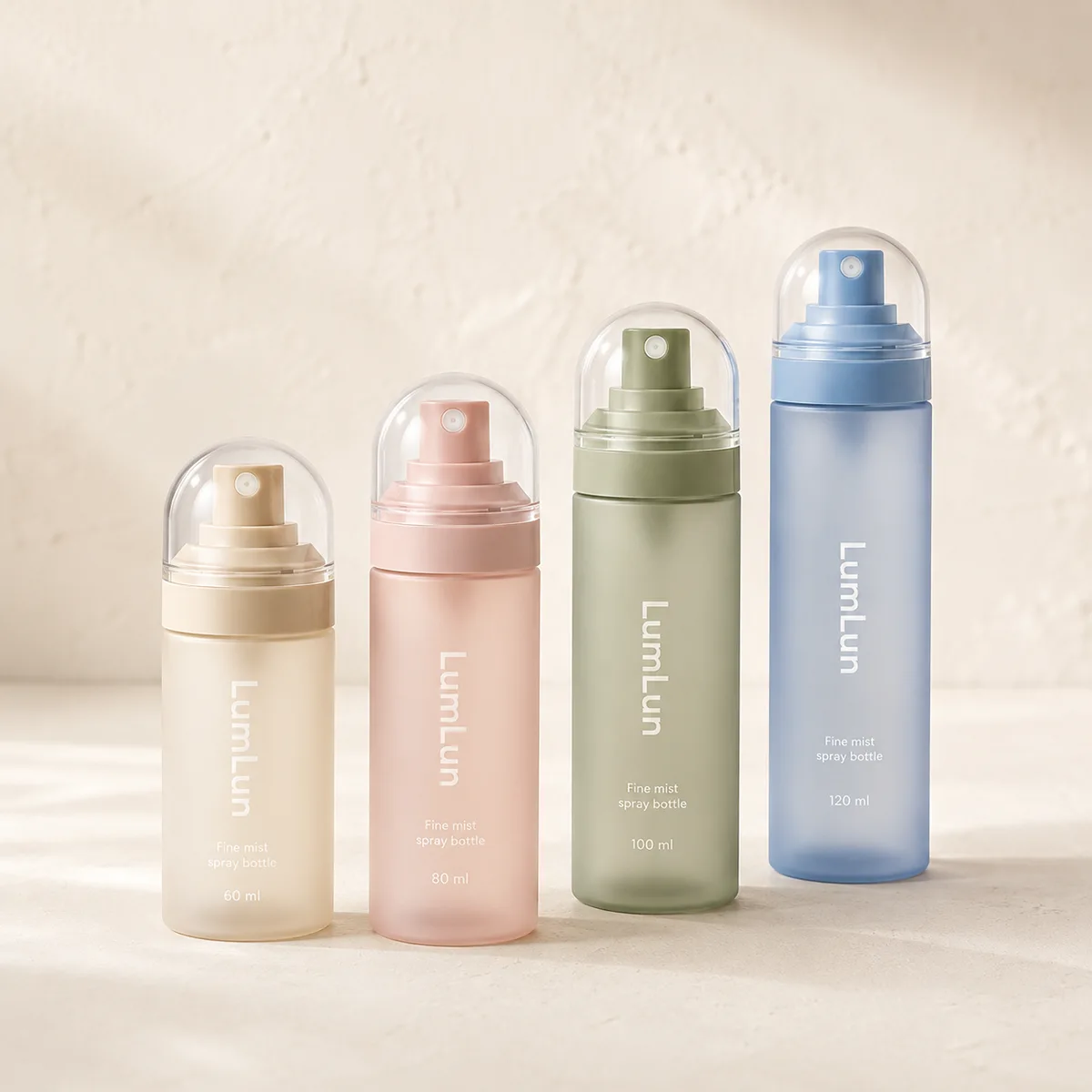 Lumlun PET fine mist spray bottle lineup in 60ml, 80ml, 100ml, and 120ml pastel colors.
