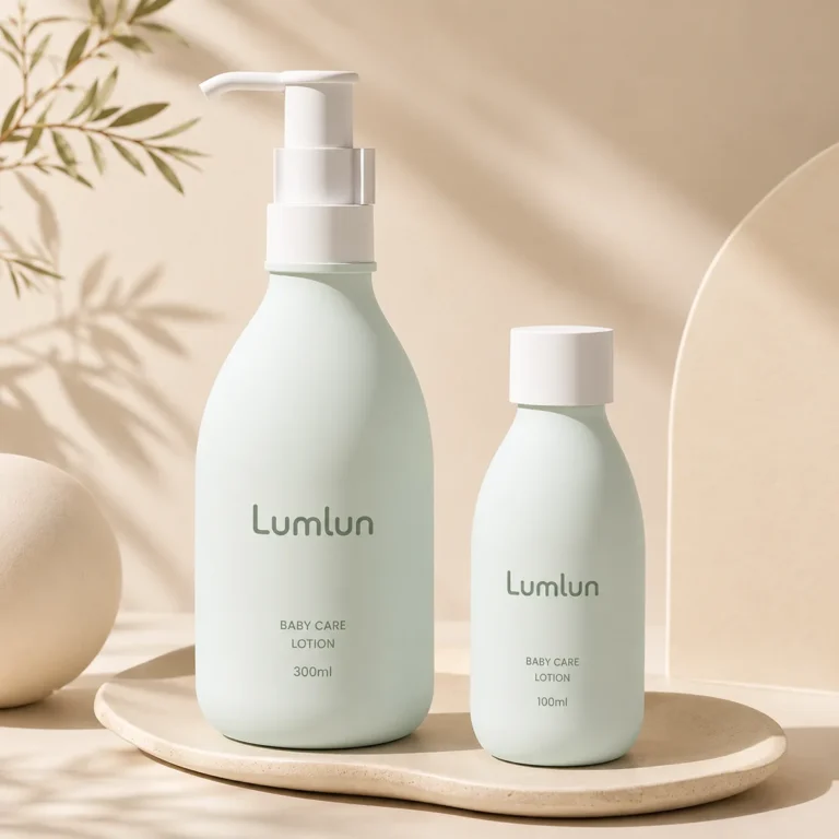LumLun 100ml and 300ml baby care lotion bottles with soft green bodies, white cap, and pump dispenser.