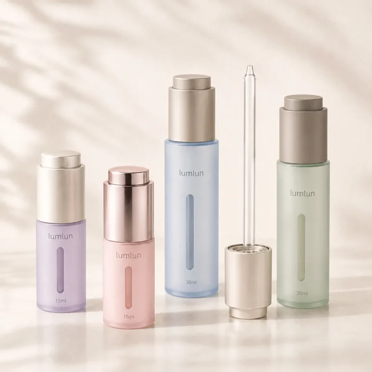 Multiple PETG twist press dropper bottles in assorted pastel colors arranged in a studio light setup.
