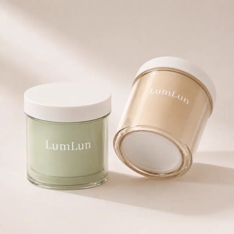 Two LumLun round PP toner pad jars with translucent green and beige bodies and white removable lids