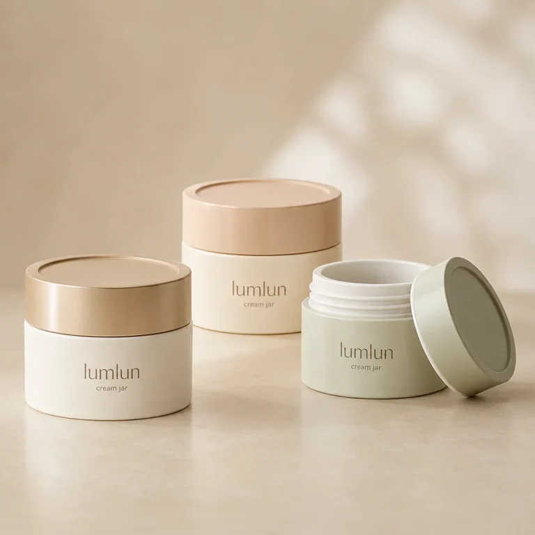 Three Lumlun PP cream jars with one open wide-mouth jar and visible screw threads.