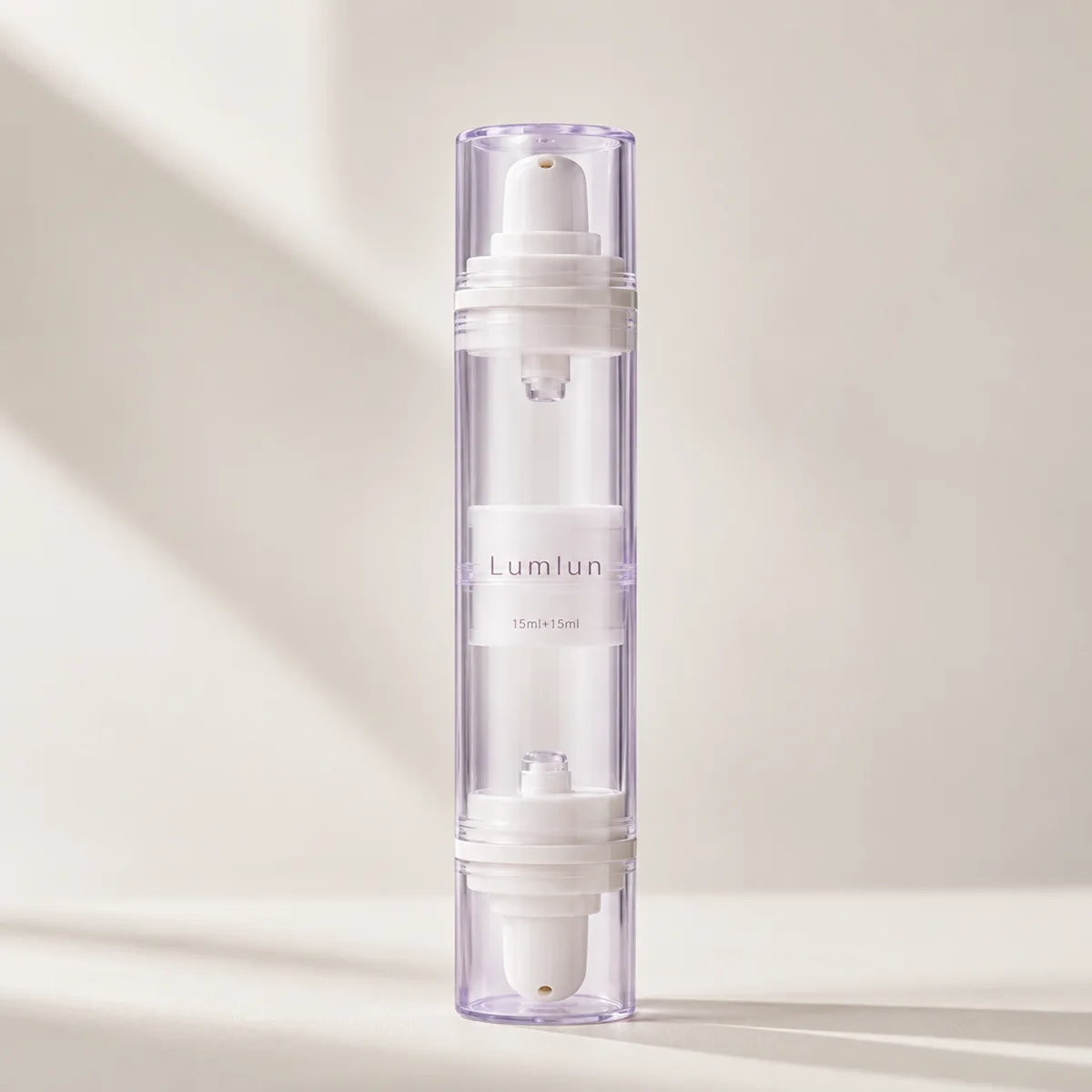 Lavender clear PP double-ended airless bottle with two separate pump ends and 15ml plus 15ml capacity
