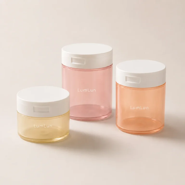 LumLun round PP and PET toner pad jars in three sizes with translucent yellow, pink and orange bodies and white flip-top lids
