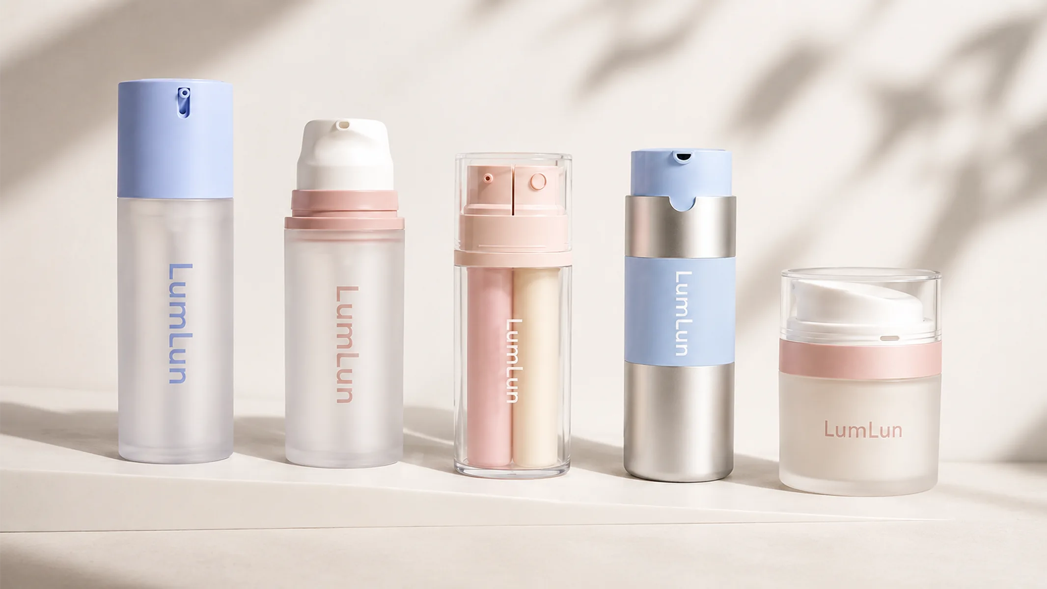 Premium LumLun airless skincare packaging with pump bottles and cream pump jar for a high-value product line