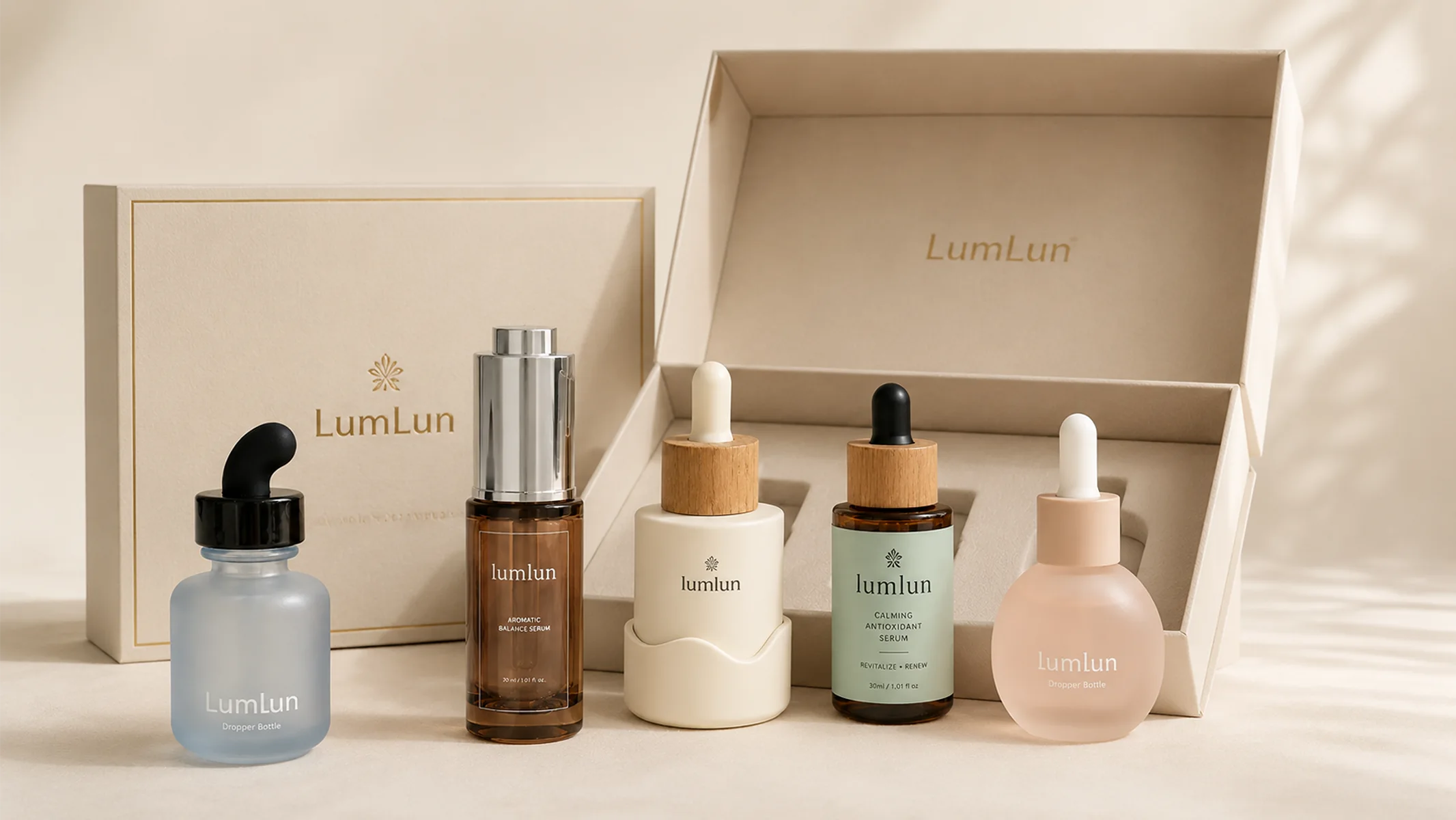 LumLun premium dropper bottle gift set with rigid paper box for oil serum packaging
