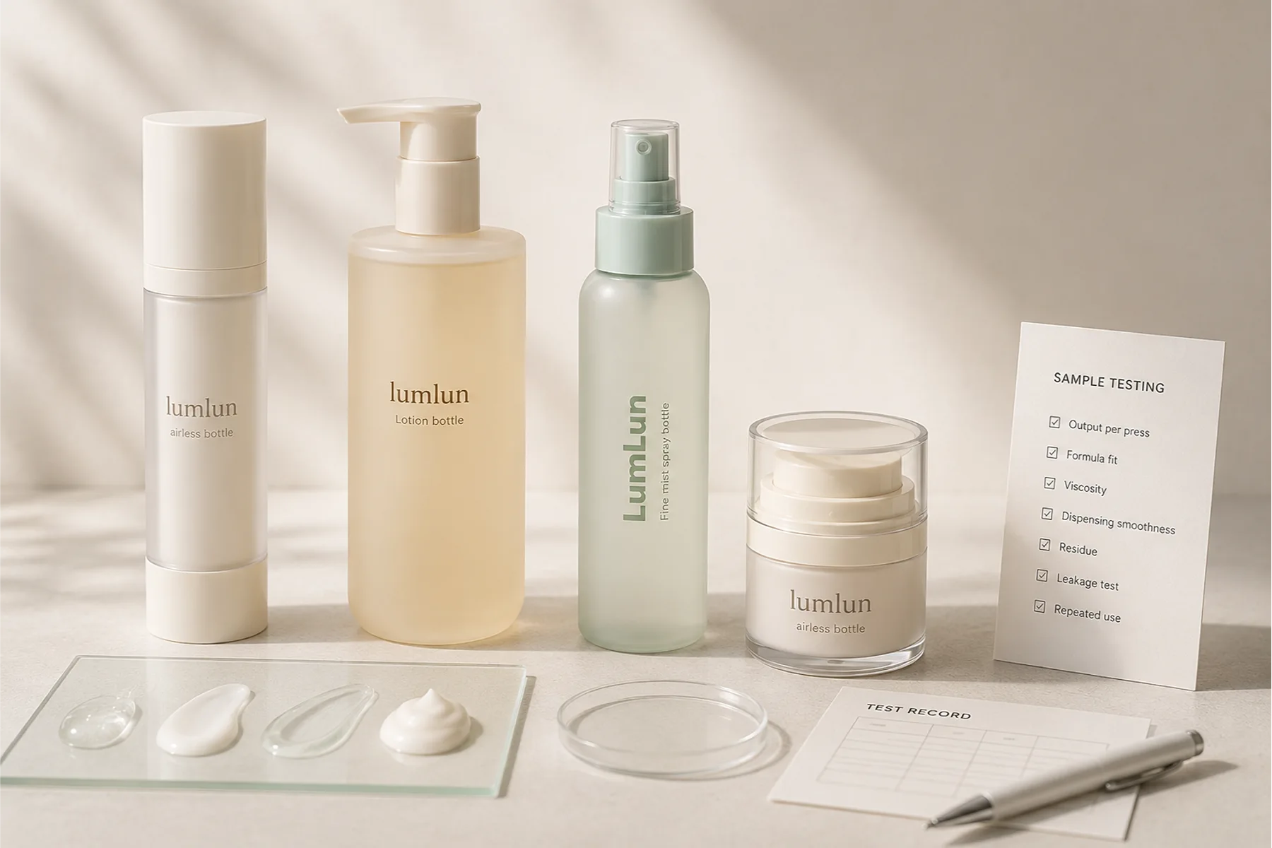 LumLun skincare packaging sample testing for pump output, formula fit, viscosity, residue, leakage, and repeated use