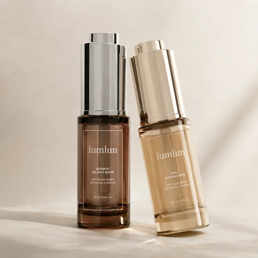 LumLun two push-button dropper bottles in brown and amber tones leaning together on soft studio background