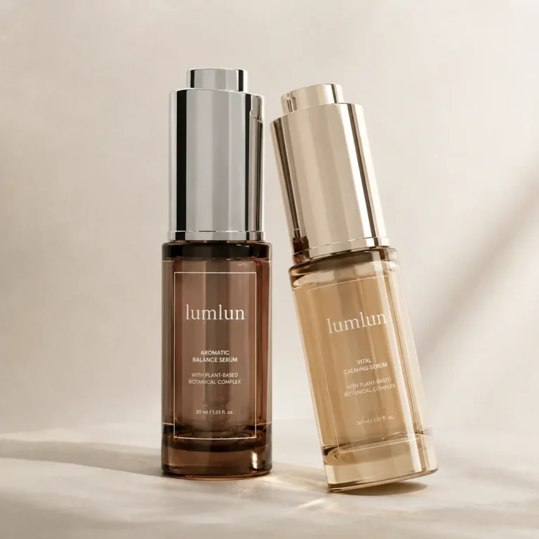 LumLun two push-button dropper bottles in brown and amber tones leaning together on soft studio background