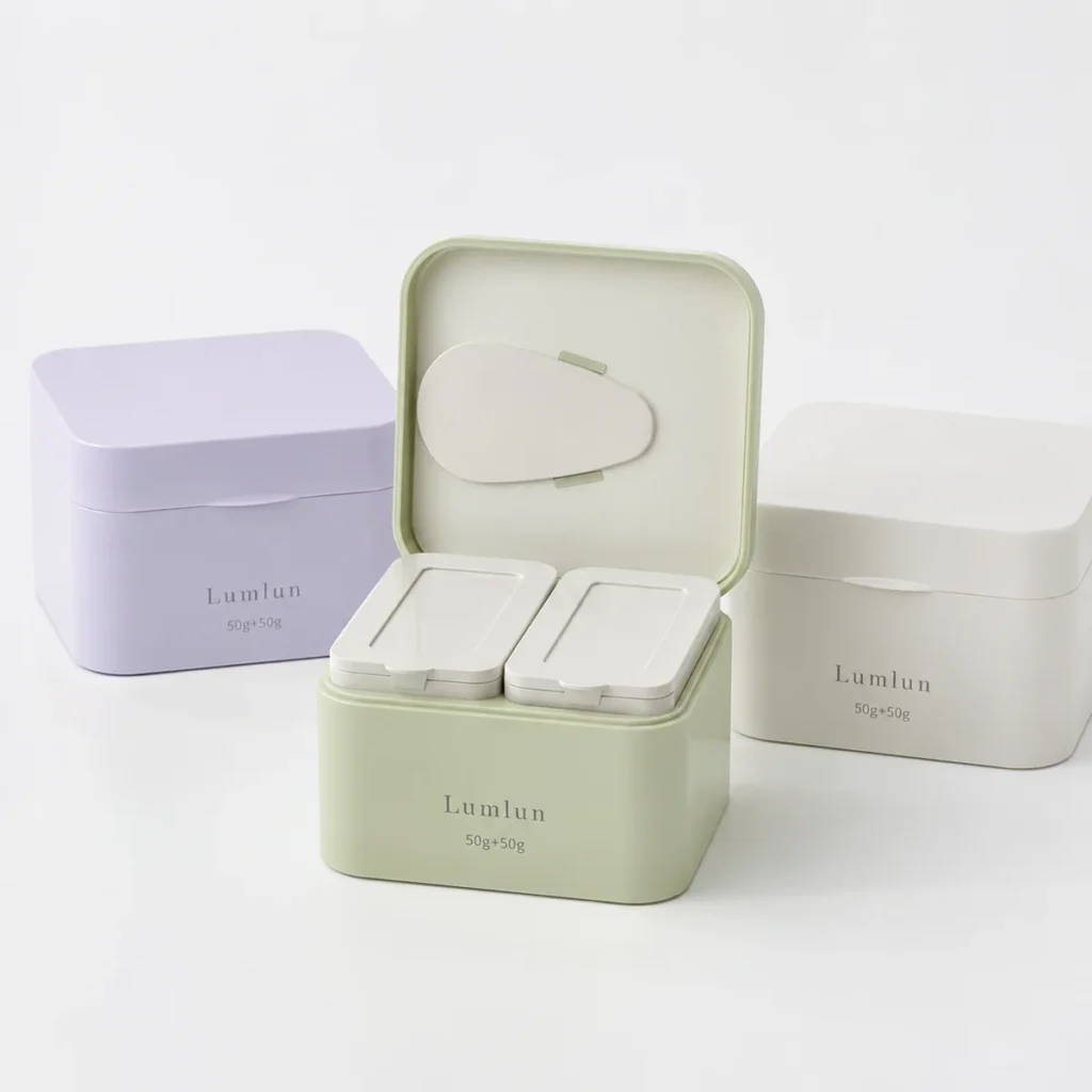 Replaceable dual chamber cream jars with spatula in pastel color options